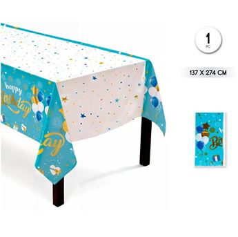 Imagen de Mantel Happy Birthday Infantil Azul y dorado Plástico 137cm x 274cm