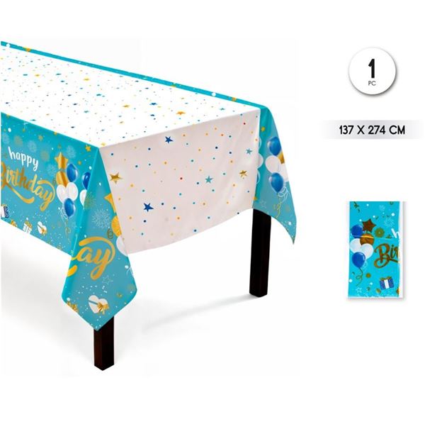 Picture of Mantel Happy Birthday Infantil Azul y dorado Plástico 137cm x 274cm