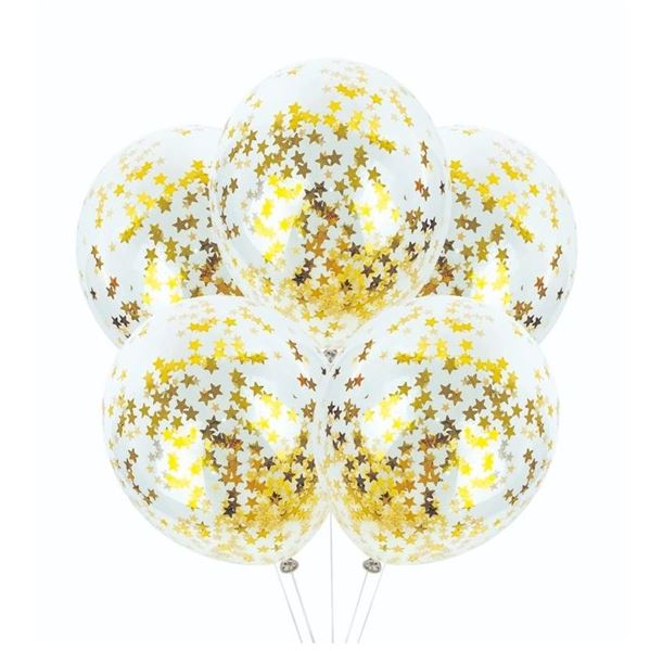 Imagen de Globos Transparentes Confeti Estrellas Doradas Látex (5 unidades)