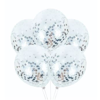 Imagen de Globos Transparentes confeti Estrellas Plateadas (5uds)