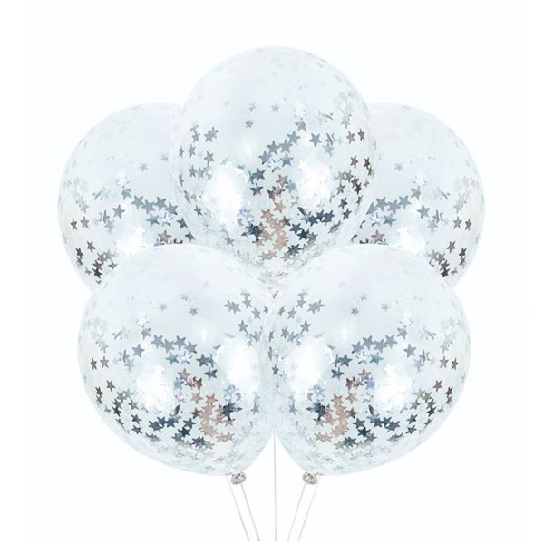 Imagen de Globos Transparentes confeti Estrellas Plateadas (5uds)
