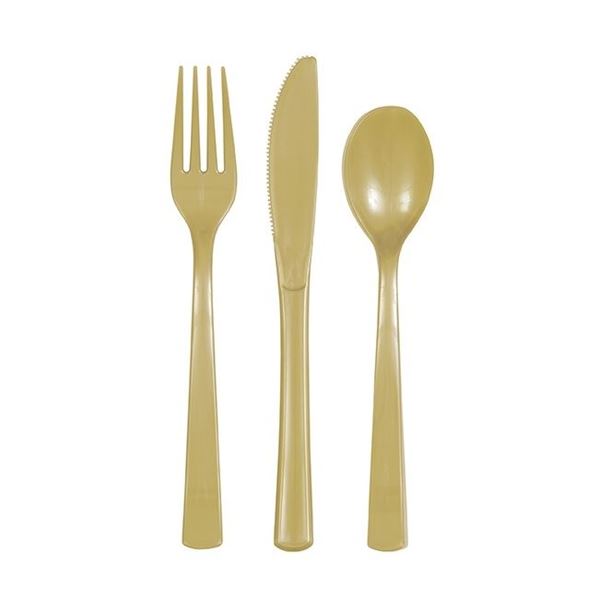 Imagen de Cubiertos Dorados Plástico Reutilizables (18 unidades)
