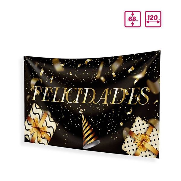 Picture of Fondo Pared Cartel Felicidades Tela Dorado y Negro (120cm x 68cm)