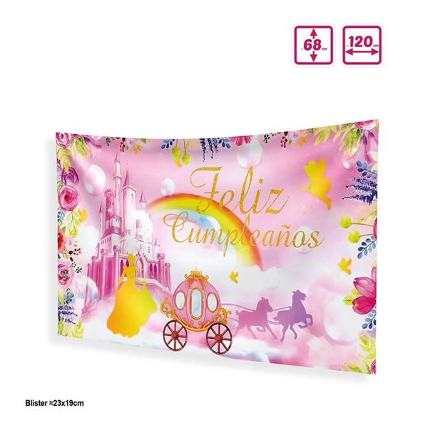 Imagens de Fondo Feliz Cumpleaños Princesas Rosa Tela 120cm x 68cm