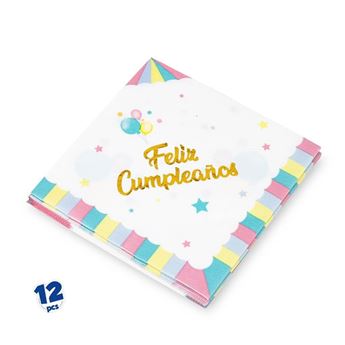 Imagen de Servilletas Feliz Cumpleaños Sol Pastel Macarrón 33cm (12uds)