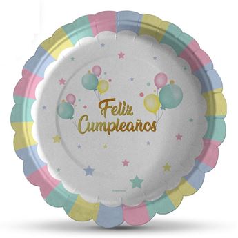 Imagen de Platos Feliz Cumpleaños Sol Pastel Macarrón cartón 23cm (6 unidades)