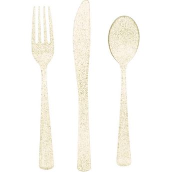 Imagens de Cubiertos Dorados Glitter Plástico Reutilizables (6x3 unidades)