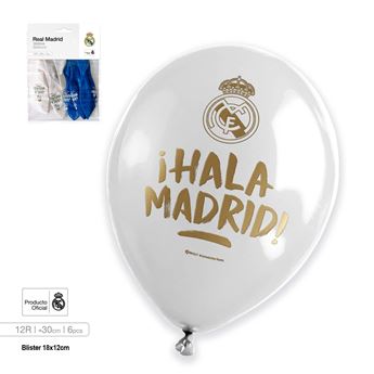 Imagen de Globos Real Madrid ¡Hala Madrid! Blanco y Azul – Pack de 6 Unidades