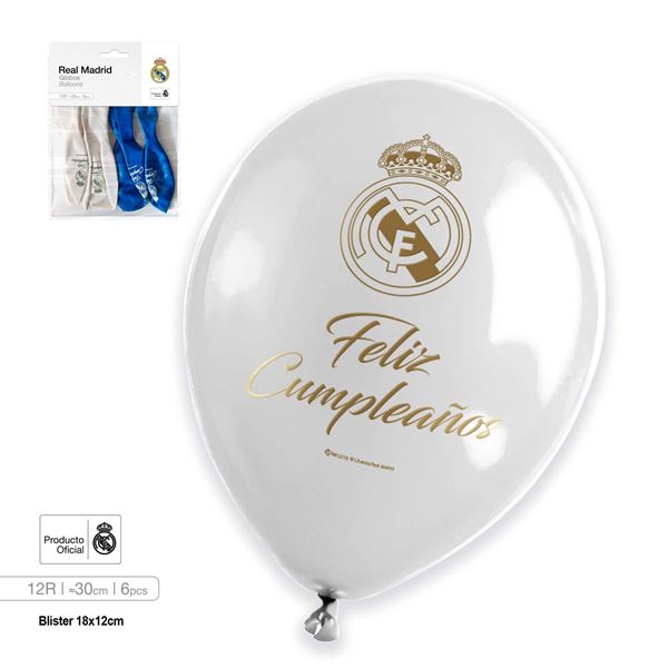 Picture of Globos Real Madrid “Feliz Cumpleaños” Blanco y Azul – Pack 6 Unidades