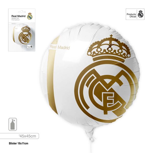 Imagen de Globo Foil Redondo Real Madrid – Líneas y Escudo Dorado | 45 cm | Producto Oficial