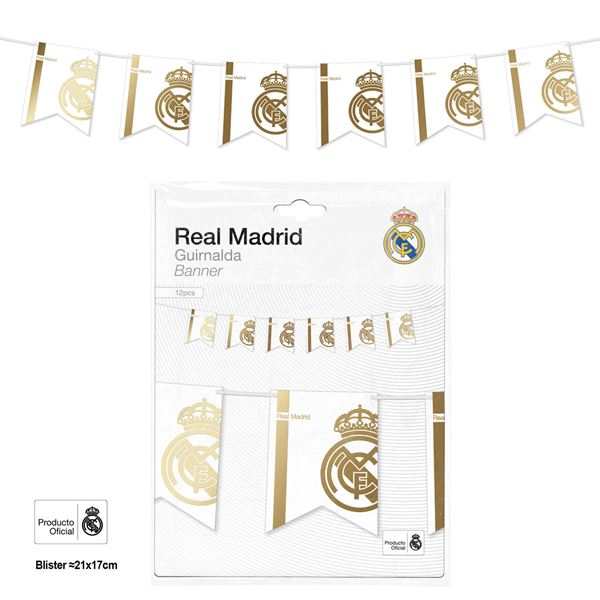 Picture of Guirnalda Banderín Real Madrid – Líneas y Escudo Dorado (12 uds)