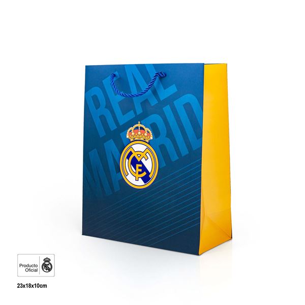 Imagen de Bolsa regalo Real Madrid azul marino con escudo 18x10x23 cm | Diseño elegante y deportivo
