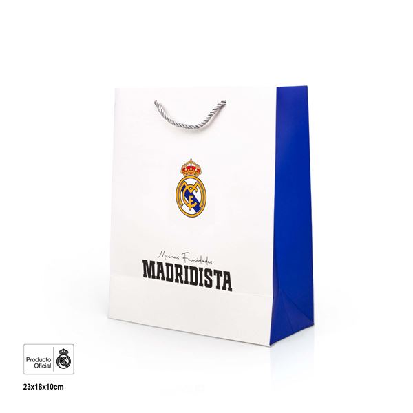 Imagen de Bolsa regalo "Muchas Felicidades Madridista" 18x10x23 cm | Celebraciones con orgullo blanco