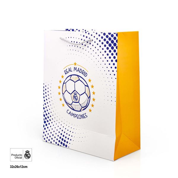 Imagen de Bolsa regalo mediana Real Madrid "Campeones" 26x12x32 cm | Diseño balón con estrellas