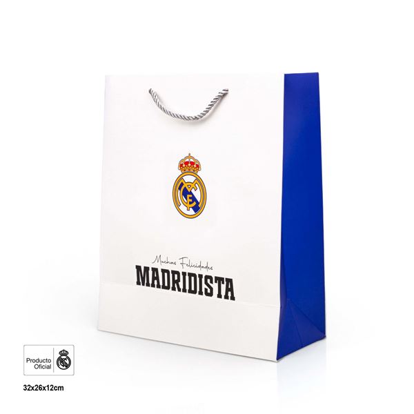 Imagen de Bolsa Regalo Oficial Real Madrid "Muchas Felicidades Madridista" – Mediana (26x12x32 cm)