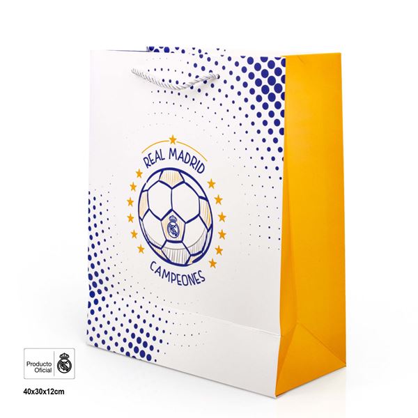 Imagen de Bolsa Regalo Grande Real Madrid – Diseño Balón “Campeones” (30x12x40 cm)