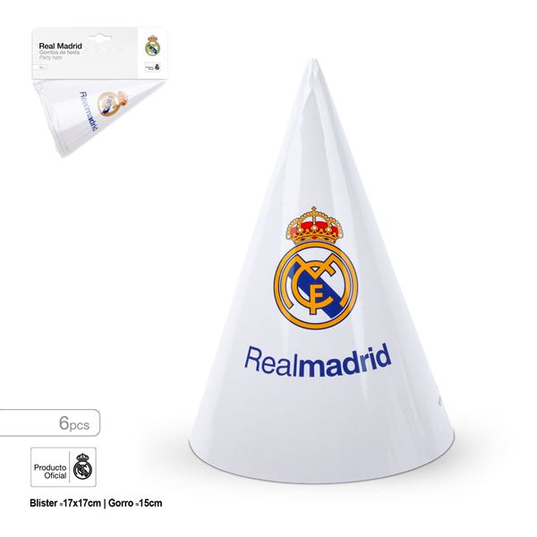 Imagen de Gorros de fiesta Real Madrid – Escudo clásico. 6 unidades (15 cm)
