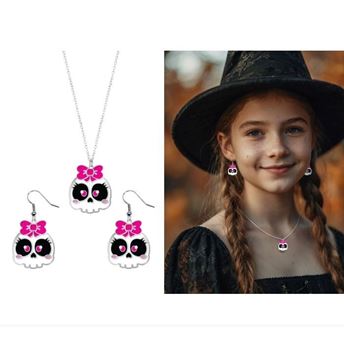 Picture of Collar y Pendientes Calaveras Rosa Halloween
