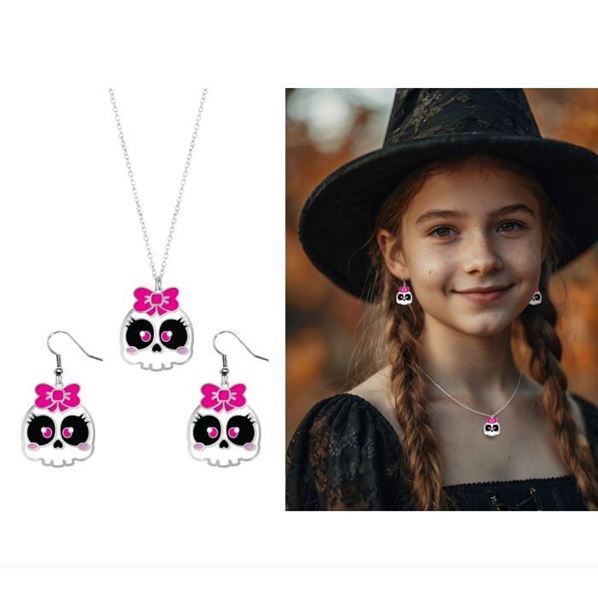 Imagens de Collar y pendientes Calaveras Rosa Halloween