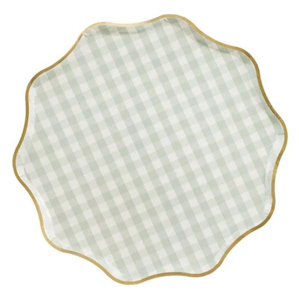 Imagens de Platos Estampado Vichy Verde con Borde Dorado Cartón 23cm (6uds)