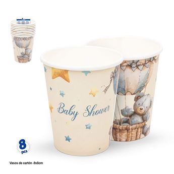 Imagen de Vasos de cartón “Baby Shower” con osito y globo aerostático – Pack de 8 unidades