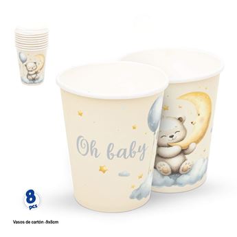 Imagen de Vasos de cartón “Oh Baby” con osito, luna y estrellas – Pack de 8 unidades