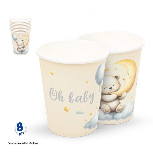 Imagens de Vasos de cartón “Oh Baby” con osito, luna y estrellas – Pack de 8 unidades