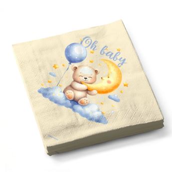 Imagen de Servilletas “Oh Baby” con osito, globo y luna – Pack de 12 unidades