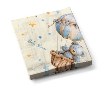 Imagen de Servilletas “Baby Shower” con osito volando en globo y estrellas – Pack de 12 unidades