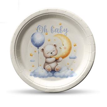 Imagen de Platos de cartón “Oh Baby” con osito, luna y globo – Pack de 8 unidades (18 cm)