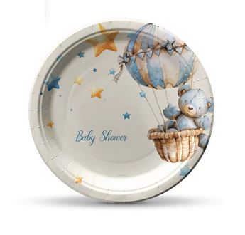 Imagen de Platos de cartón “Baby Shower” con estrellas y oso volando en globo – Pack de 8 unidades (18 cm)