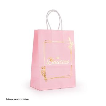 Imagen de Bolsa Regalo Mi Bautizo Rosa Letra Dorada (21cm x 16cm)