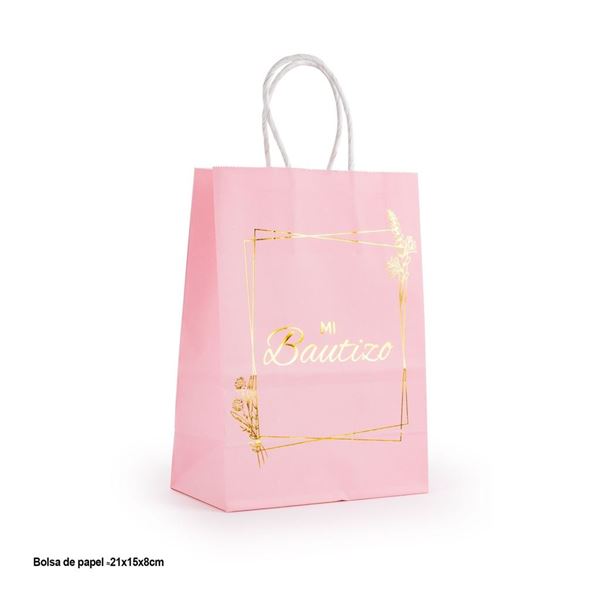 Imagen de Bolsa Regalo Mi Bautizo Rosa Letra Dorada (21cm x 16cm)