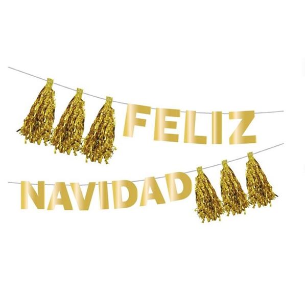 Picture of Guirnalda Feliz Navidad Dorada con Borlas (3m)