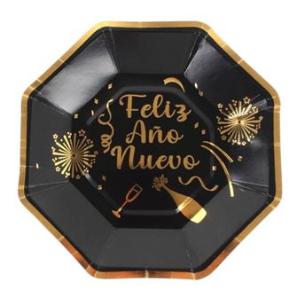 Imagens de Platos Feliz Año Nuevo Negros Elegantes cartón 18cm (6 unidades)