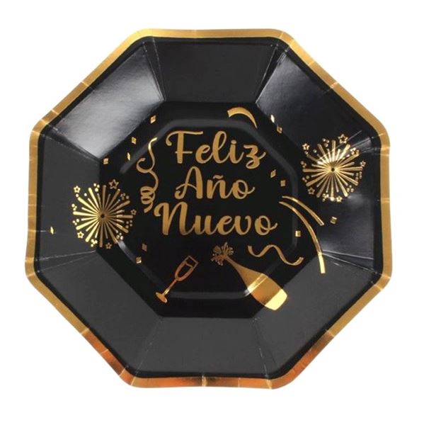 Imagens de Platos Feliz Año Nuevo Negros Elegantes cartón 18cm (6 unidades)