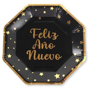 Imagens de Platos Feliz Año Nuevo Negros Elegantes cartón 23cm (6 unidades)