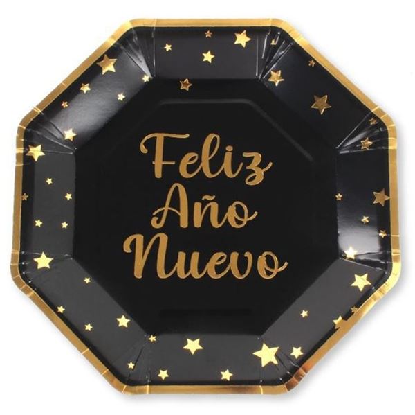 Imagens de Platos Feliz Año Nuevo Negros Elegantes cartón 23cm (6 unidades)