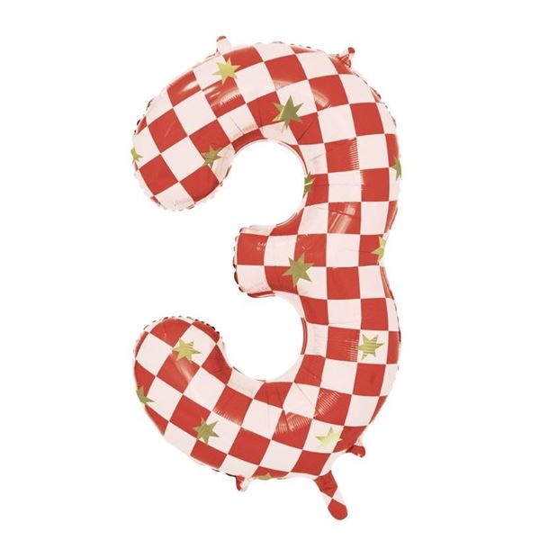 Picture of Globo Número 3 gigante cuadros rojos y estrellas (110cm)