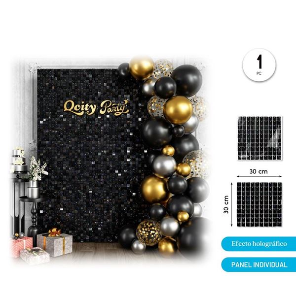 Imagen de Paneles de Lentejuelas Negras Holográficas Cuadradas 30x30cm (12 unidades)