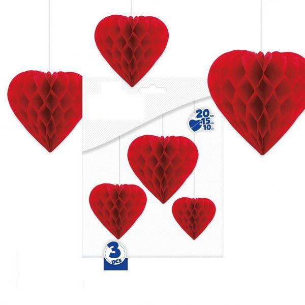 Imagen de Decoración Colgante Corazónes Rojos Nido de Abeja (3uds)