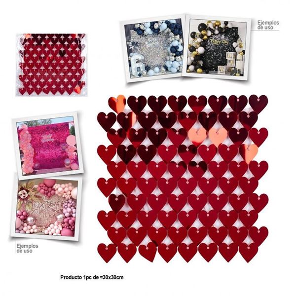 Imagens de Paneles de Lentejuelas Corazones Rojos 30x30cm (12 unidades)