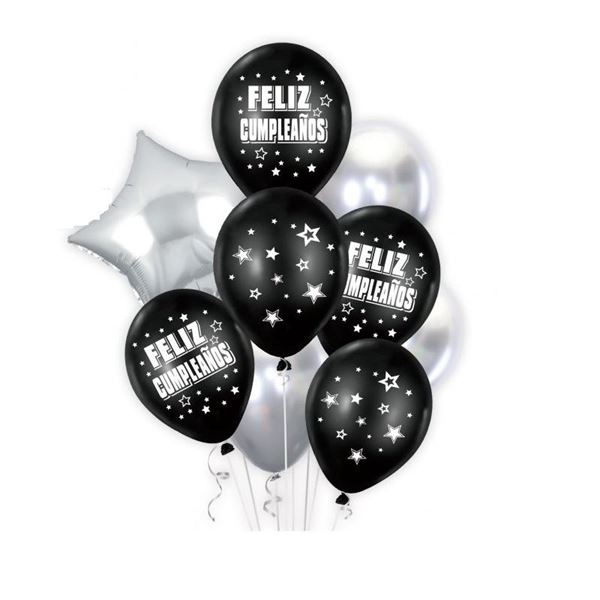 Imagens de Bouquet de Globos Feliz Cumpleaños Negros y Plateados (9 unidades)