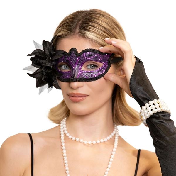 Imagen de Máscara Antifaz Carnaval Morado con Flor Negra