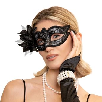 Imagen de Máscara Negra Antifaz de Carnaval con Flor