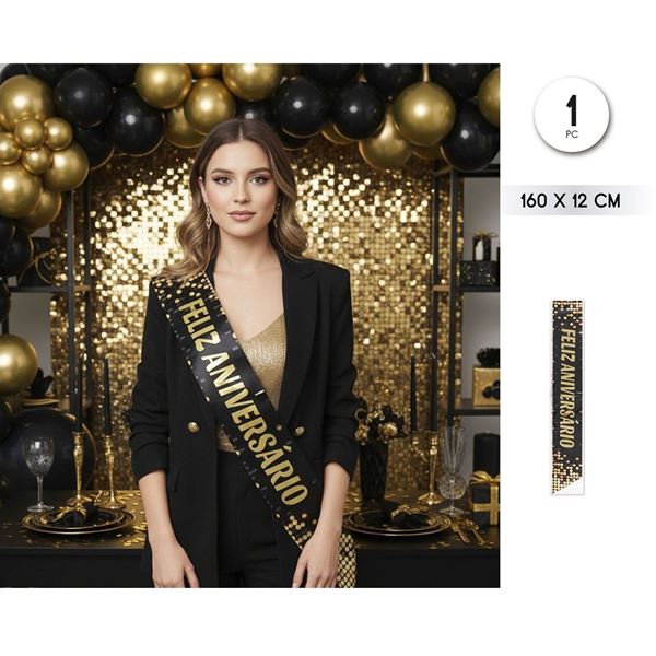 Picture of Banda Feliz Aniversario Negra y Dorada 160cm