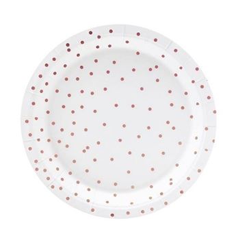 Picture of Platos Blancos Puntos Rosa Dorados cartón 18cm (6 unidades)