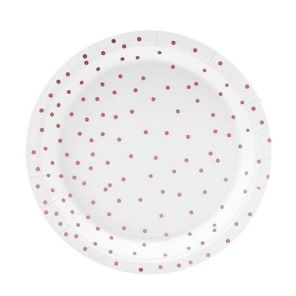 Imagen de Platos Blancos Puntos Rosa Dorados cartón 18cm (6 unidades)