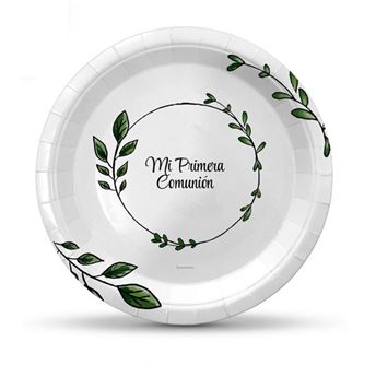 Imagens de Platos Mi Primera Comunión Hojas Verdes cartón 18cm (8uds)